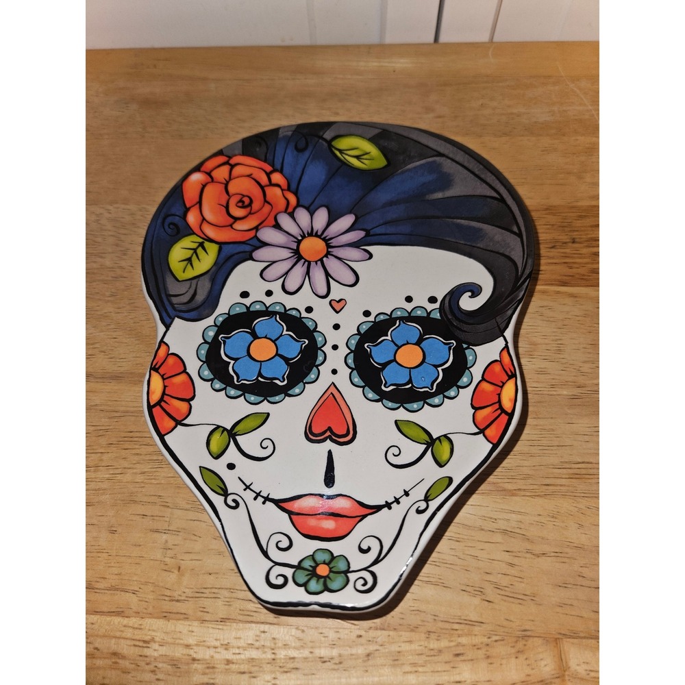 Cracker Barrel Sugar Skull Stoneware Spoon Rest Day of the Dead Floral Ceramic